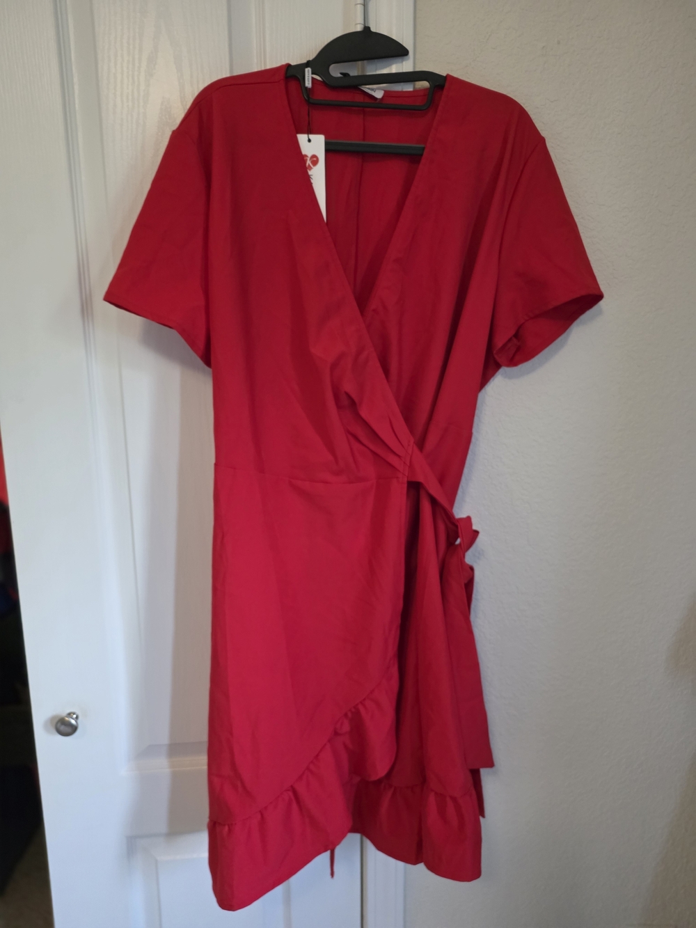 Women’s Red Wrap Midi Dress with Ruffle Hem